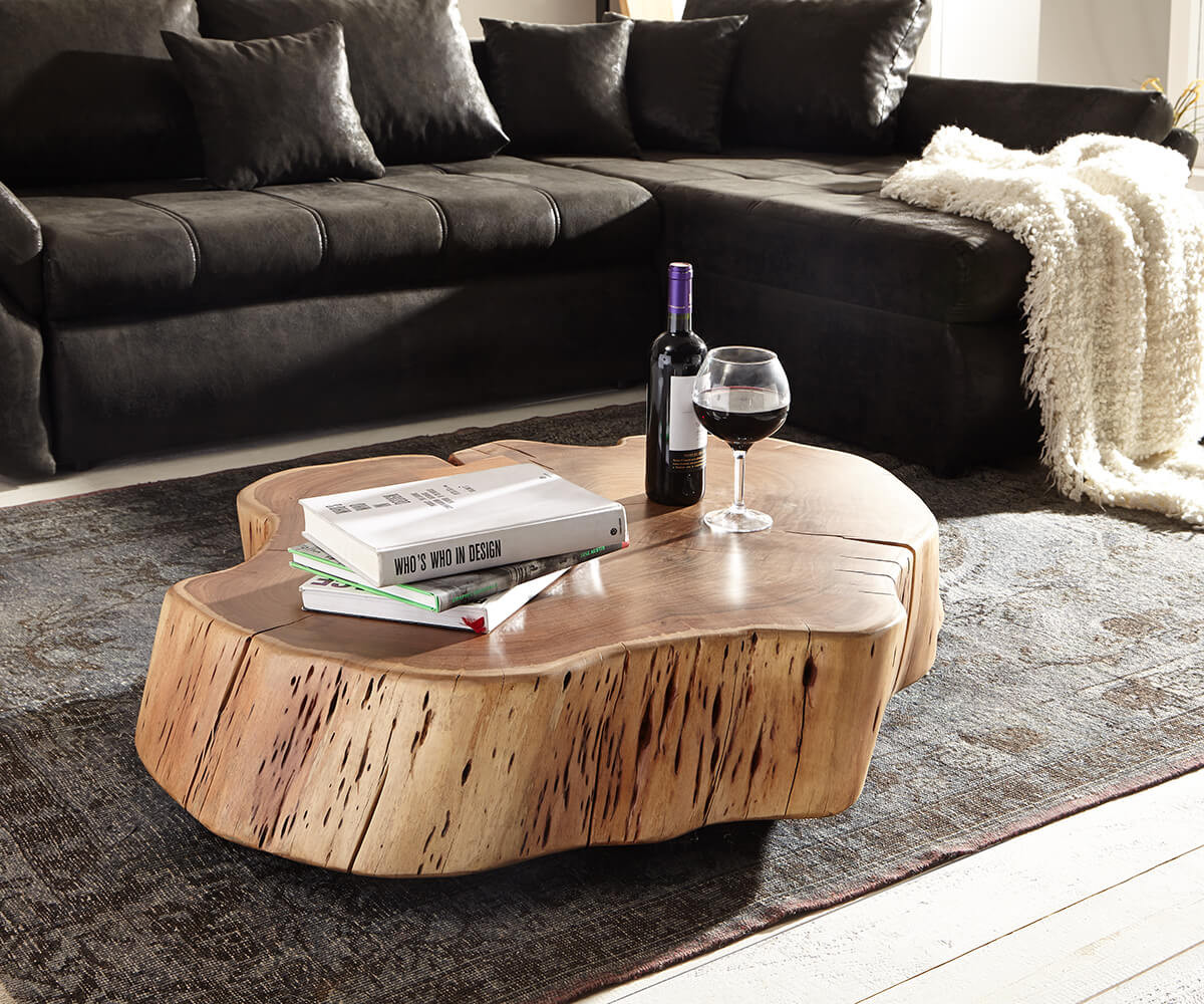 Baumstamm Couchtisch
 DELIFE Couchtisch Live Edge XXL Akazie Natur mit Rollen