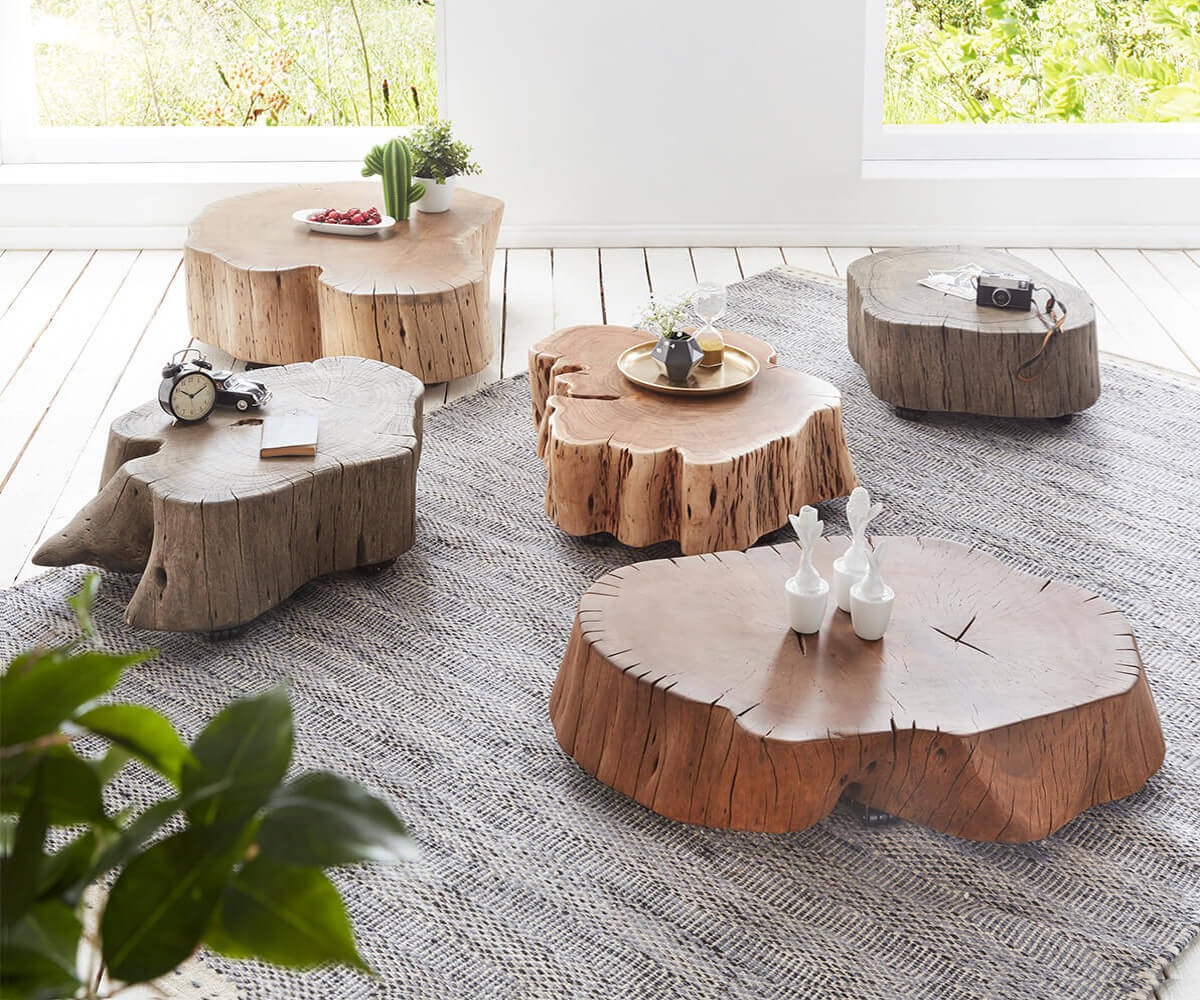 Baumstamm Couchtisch
 Couchtisch Live Edge XL Akazie Natur mit Rollen Baumstamm