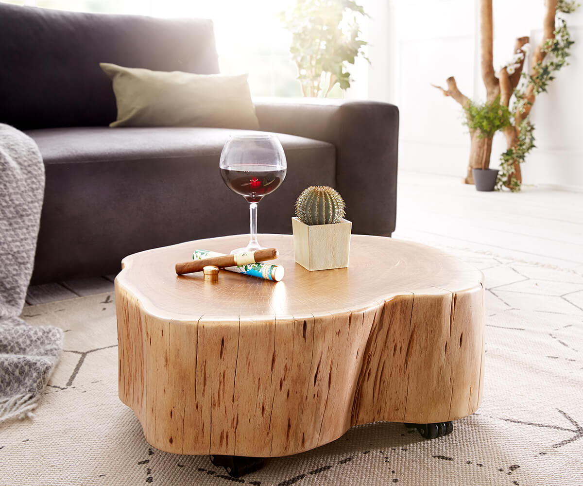 Baumstamm Couchtisch
 Couchtisch Live Edge L Akazie Natur Baumstamm mit Rollen