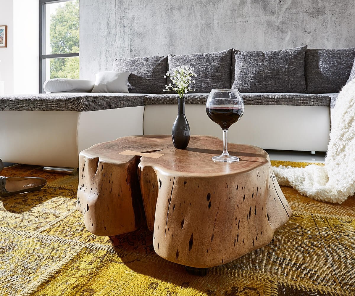 Baumstamm Couchtisch
 Couchtisch Live Edge XL Akazie Natur mit Rollen Baumstamm