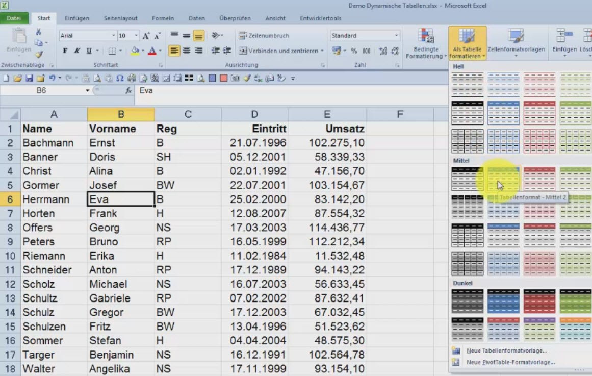 Be Tabelle
 Dynamische Tabelle in Excel und zurück in eine normale