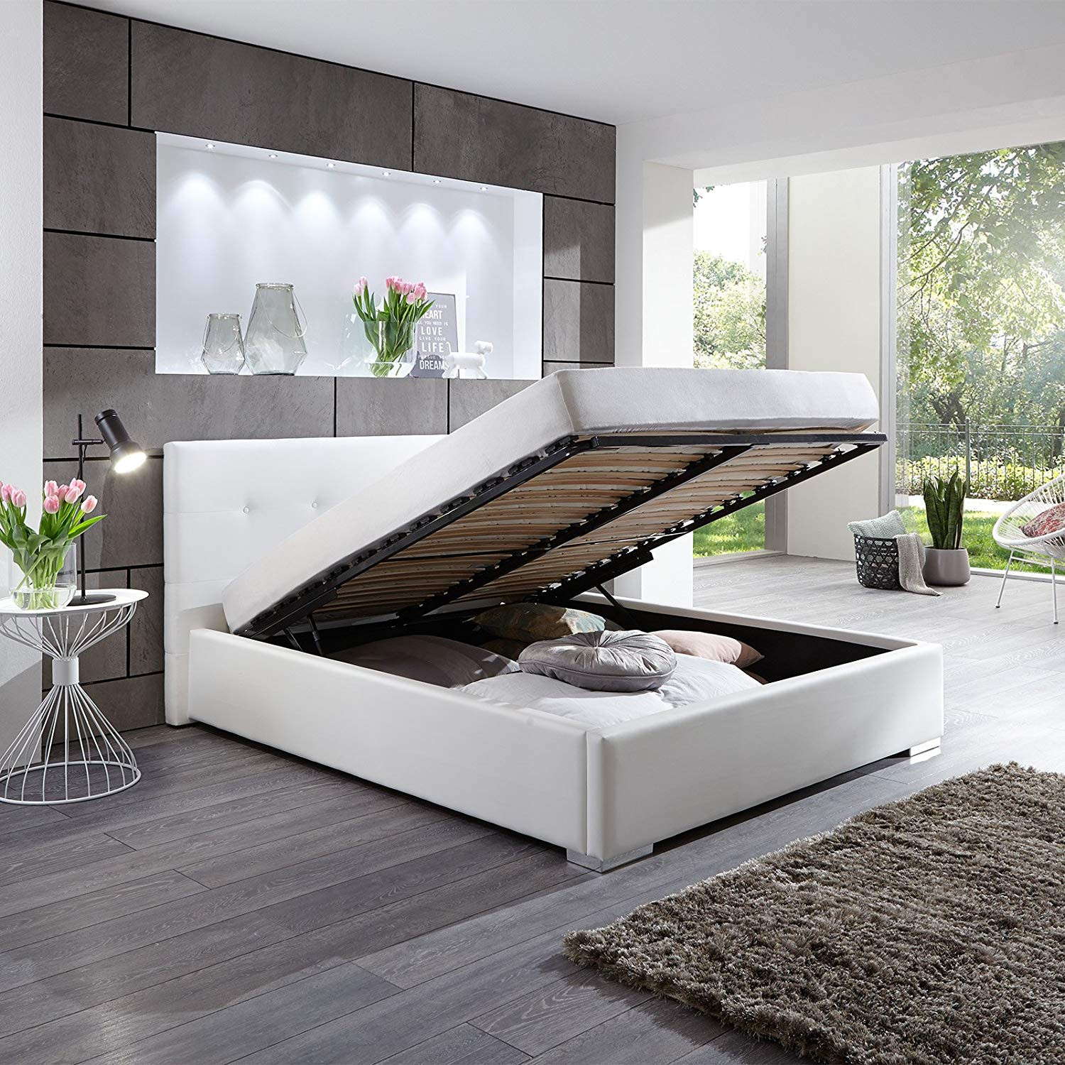 Bett 140x200 Weiß
 Polsterbett Kunstleder Bett mit Bettkasten Lattenrost