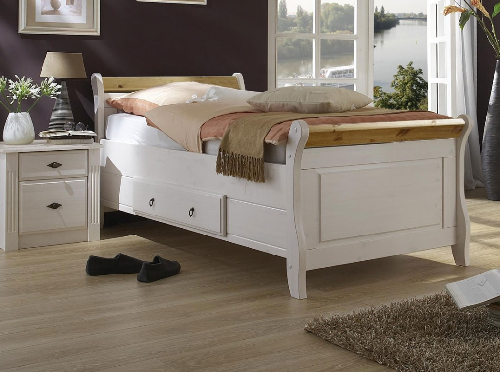 Bett Weiß 90x200
 Massivholz Bett mit Schublade 90x200 Holzbett Kiefer