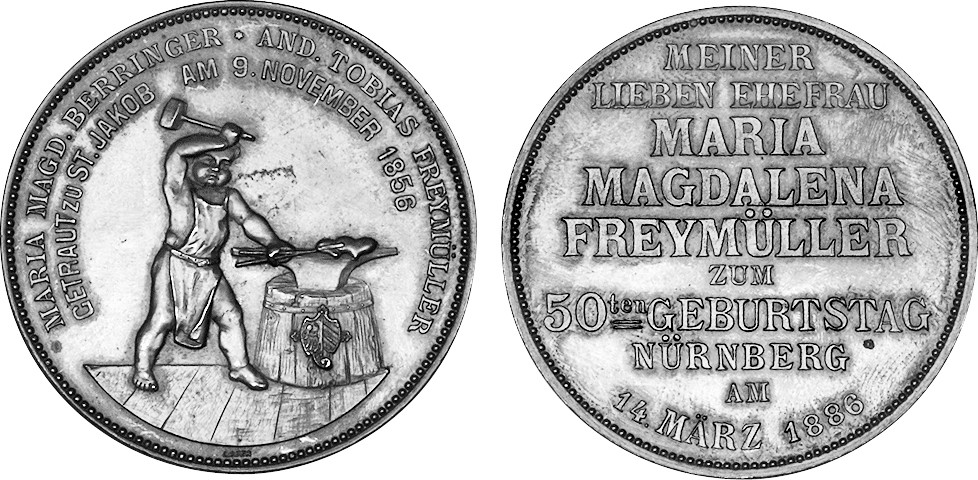 Bronze Hochzeit
 Bronze Medaille 1886 NÜRNBERG 1886 HOCHZEIT FREYMÜLLER