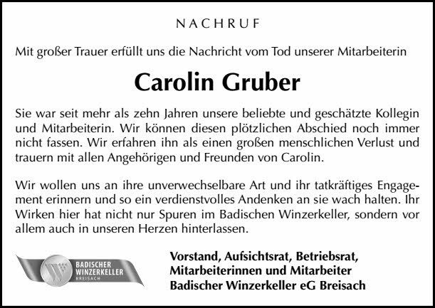 Carolin Gruber Hochzeit
 Carolin Gruber Trauer Traueranzeigen & Nachrufe
