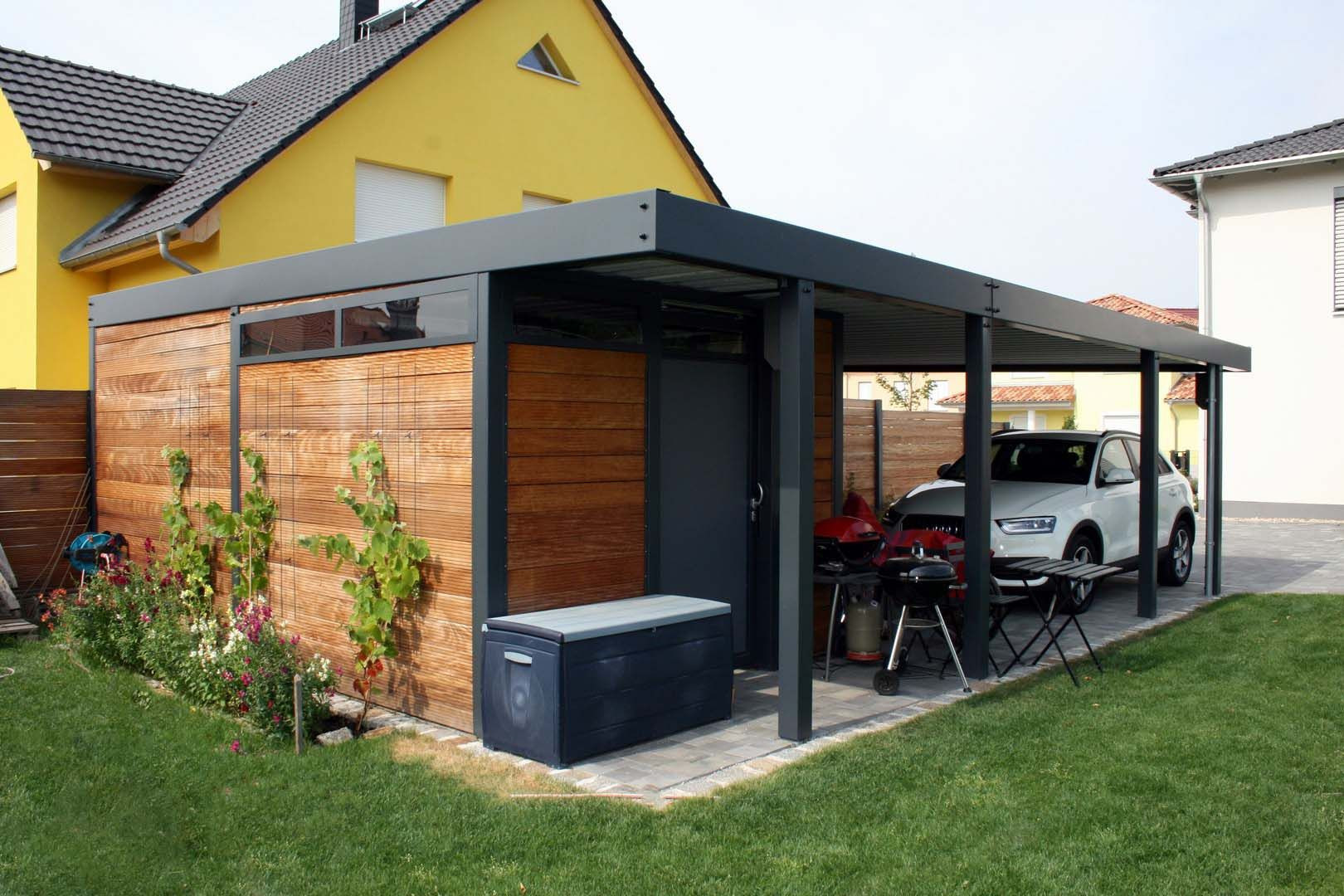 Carport Mit Geräteraum
 Design Metall Carport aus Holz Stahl Glas mit Geräteraum