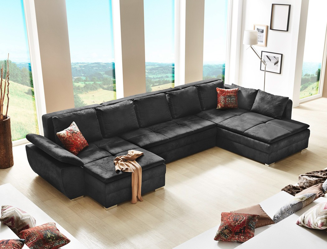 Couch U Form
 Wohnlandschaft Sarab schwarz 395x210 cm U Form Schlafsofa