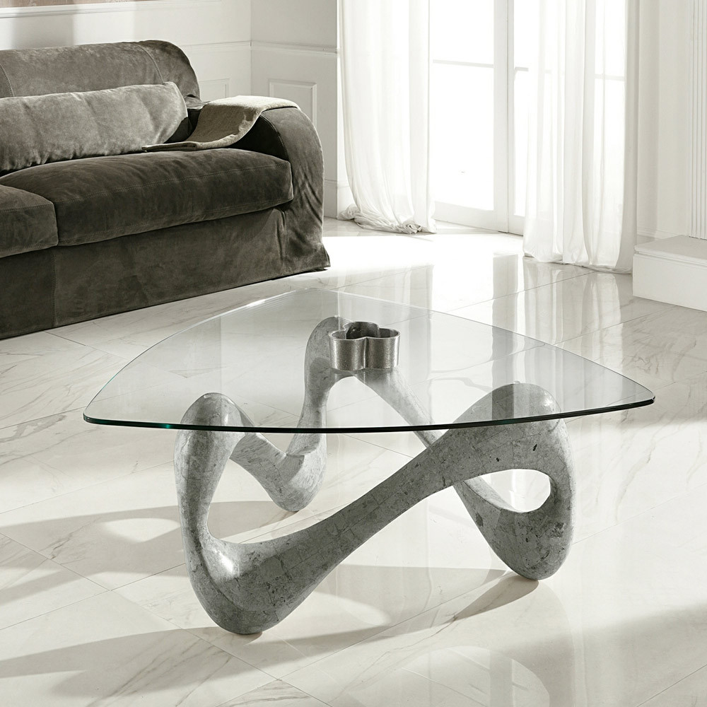 Couchtisch Design
 Wohnzimmer Couchtisch aus Glas und Fossilstein California