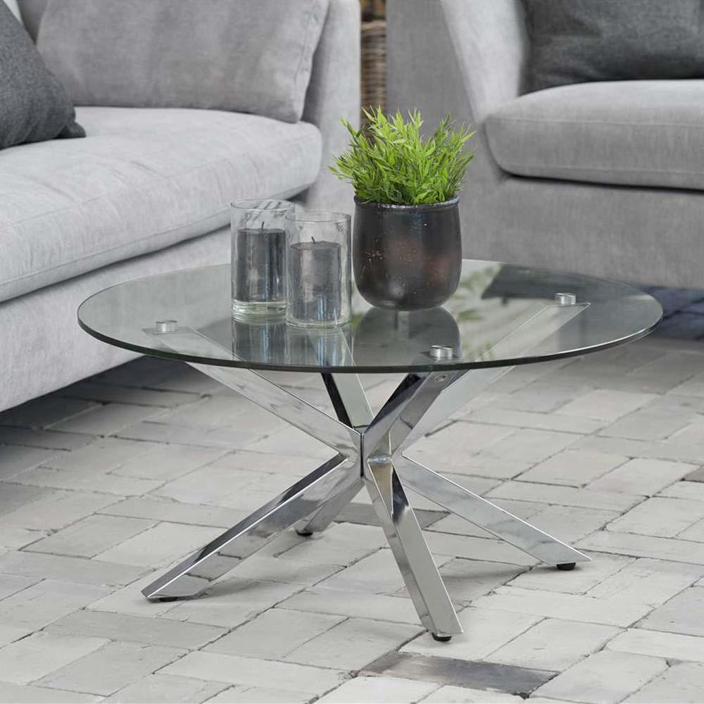 Couchtisch Glas
 Design Couchtisch STAR Glas Tisch Gestell Chrom Ø 82cm