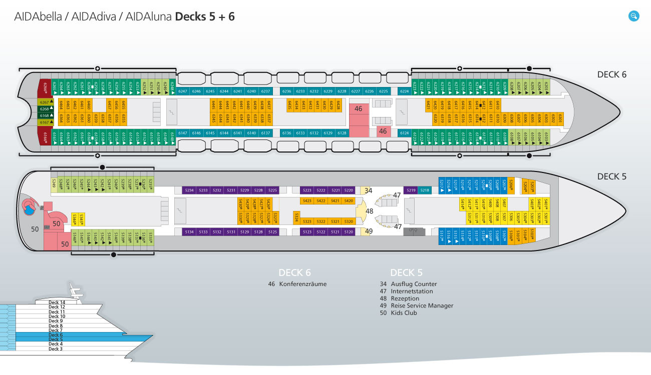 Deck 5
 AIDAdiva Bewertungen Kabinenplan Deckplan Routen Bugcam