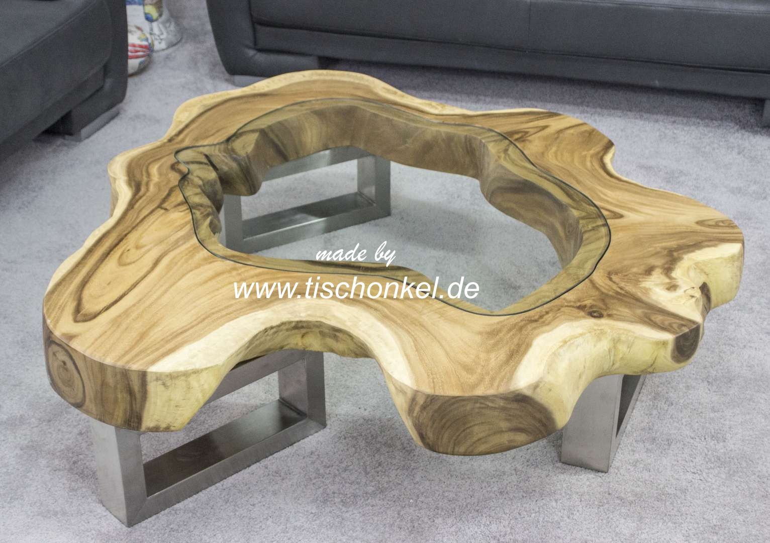 Designer Couchtisch
 Designer Couchtisch Baumscheibe mit Glas Der Tischonkel