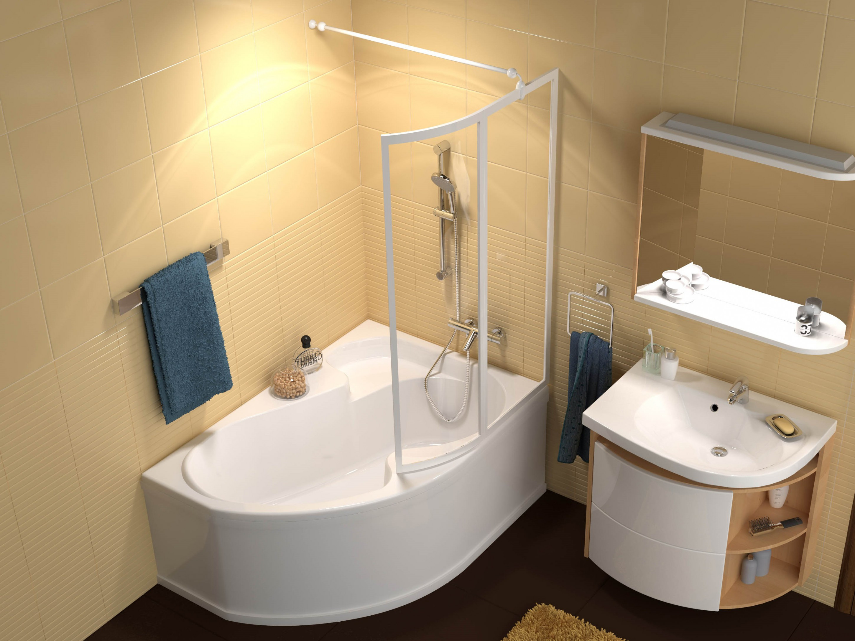 Eckbadewanne Mit Duschzone
 Raumspar Wanne 140 x 105 cm mit Duschzone Duschabtrennung