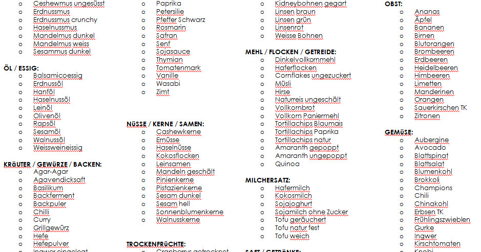 Einkaufsliste Erste Wohnung
 Ria goes Vegan Einkaufsliste