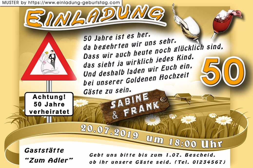 Einladung Goldene Hochzeit Lustig
 Lustige Einladung Goldene Hochzeit mit Hinweisschild