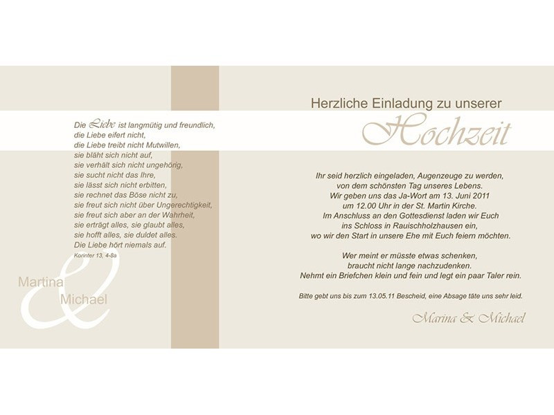Einladungskarte Hochzeit Text
 Einladungskarte Hochzeit "Romantik" Klappkarte Quadrat creme