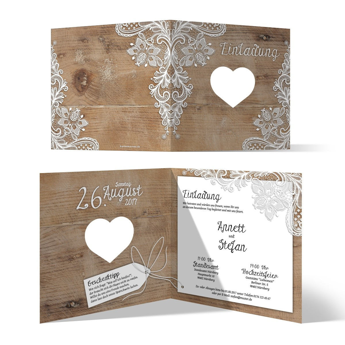 Einladungskarten Hochzeit Spitze
 Lasergeschnittene Hochzeit Einladungskarten Rustikal mit