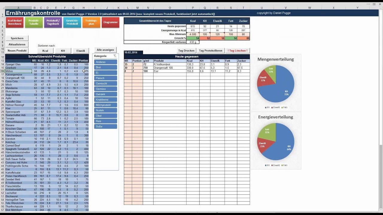 Excel Tabelle
 Excel Tabelle zur Ernährungskontrolle 2 0