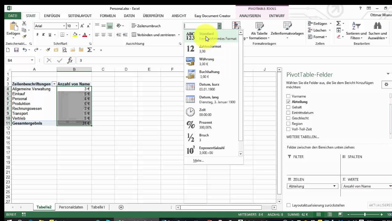 Excell Tabelle
 Excel 2010 Pivot Tabelle erstellen