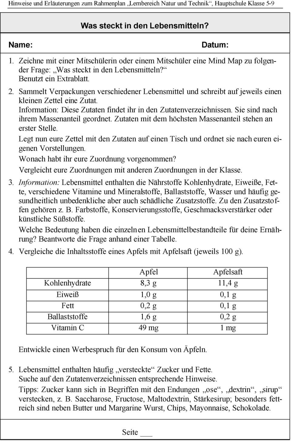 Fructose Tabelle Pdf
 Hinweise und Erläuterungen zum Rahmenplan Lernbereich