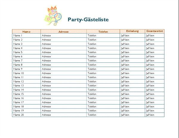 Gästeliste Hochzeit Vorlage
 Party Gästeliste