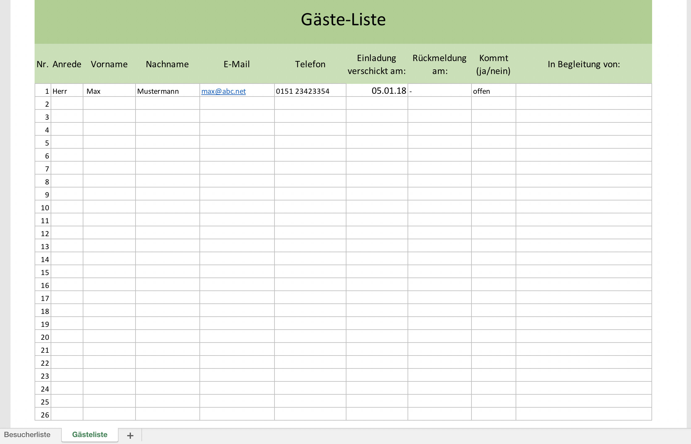 Gästeliste Hochzeit Vorlage
 Besucher und Gästeliste