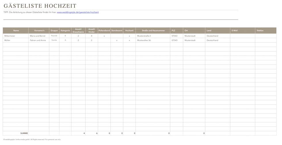 Gästeliste Hochzeit Vorlage
 Die Gästeliste zur Hochzeit Tipps und Vorlage zum Download