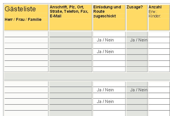 Gästeliste Hochzeit Vorlage
 Feste feiern Die perfekte Gästeliste Download