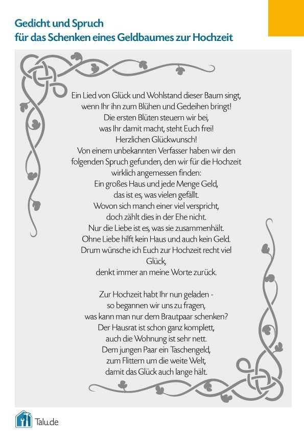 Gedicht Hochzeit Goethe
 Geldbaum zur Hochzeit Bastelanleitung & Gedicht Talu