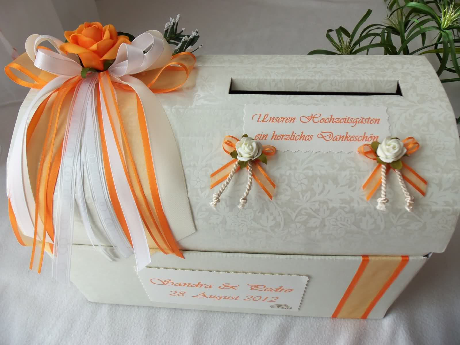 Geldbox Hochzeit
 große Briefbox creme orange Kartenbox Geldbox Hochzeit