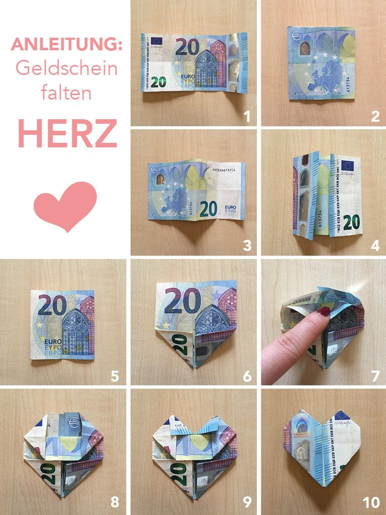 Geldgeschenke Hochzeit Basteln Herz
 Tutorial Anleitung Geld falten Herzen – DIY