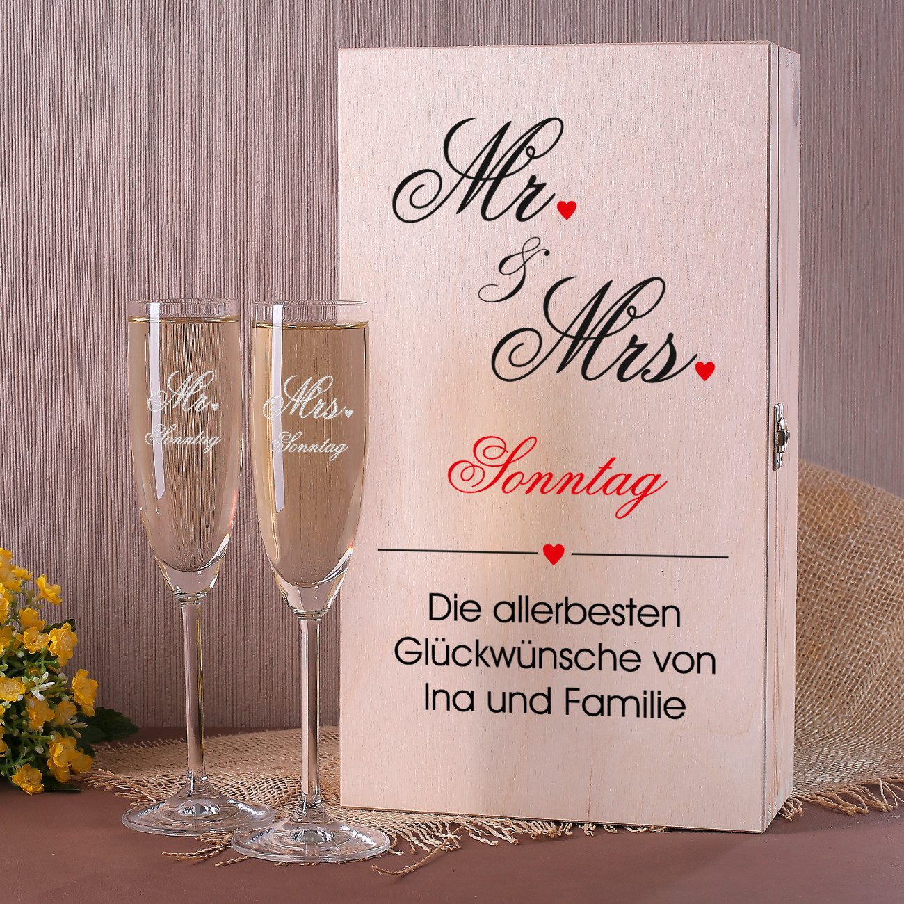 Geschenke-Online.De
 Geschenkset zur Hochzeit im Mr & Mrs Design mit