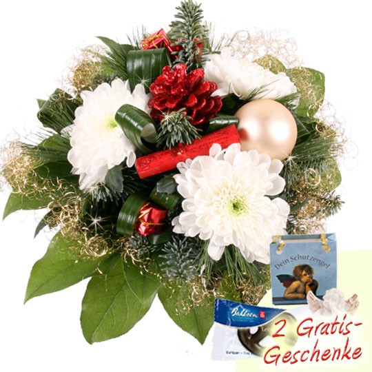Geschenke Online Versenden
 Blumenstrauß zu Weihnachten mit zwei Geschenken online