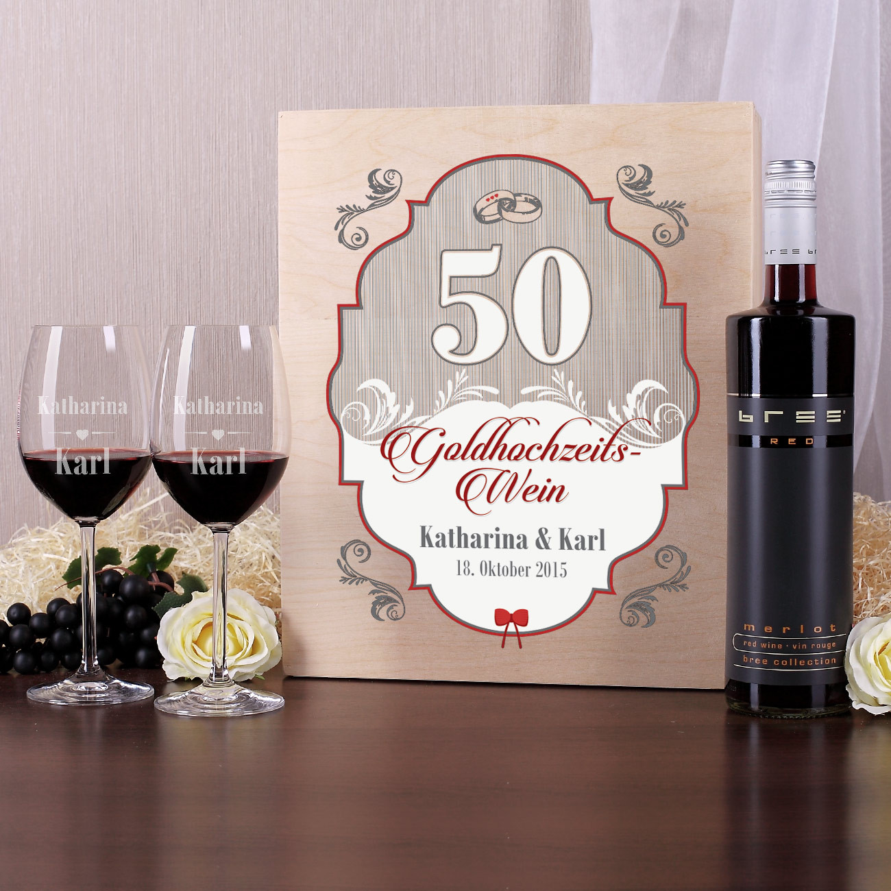 Geschenkideen Für Goldene Hochzeit
 Goldhochzeitswein mit 2 gravierten Glaesern in edler