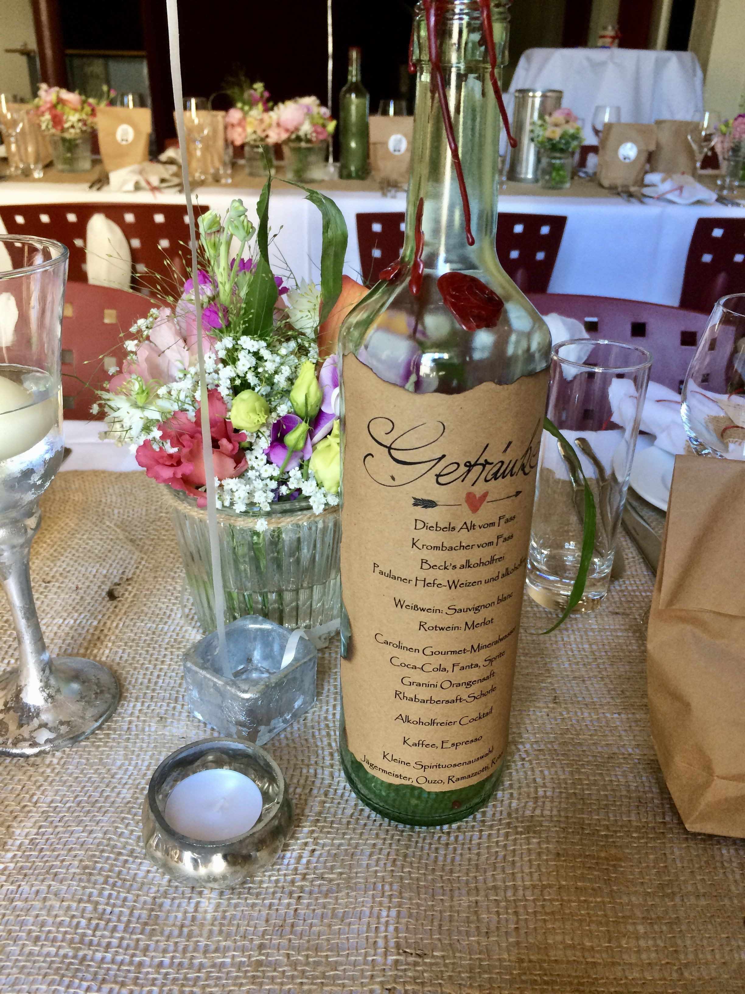 Getränke Hochzeit
 Getränkekarte auf einer Weinflasche DIY