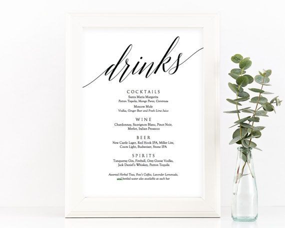 Getränkekarte Hochzeit Vorlage Word
 Drinks Menu Sign Printable Wedding Bar Menu Signature