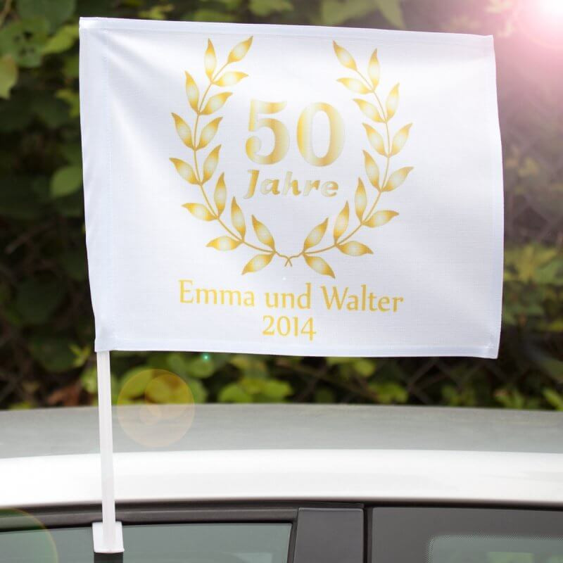 Goldene Hochzeit Geschenkideen
 Autofahne "50 Jahre Goldene Hochzeit"