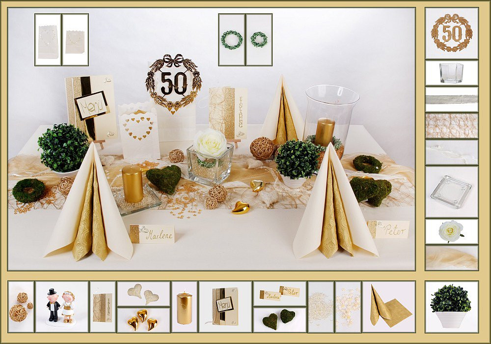 Goldene Hochzeit Ideen
 1 Mustertisch Klassisch in Creme Gold Tischdeko Goldene