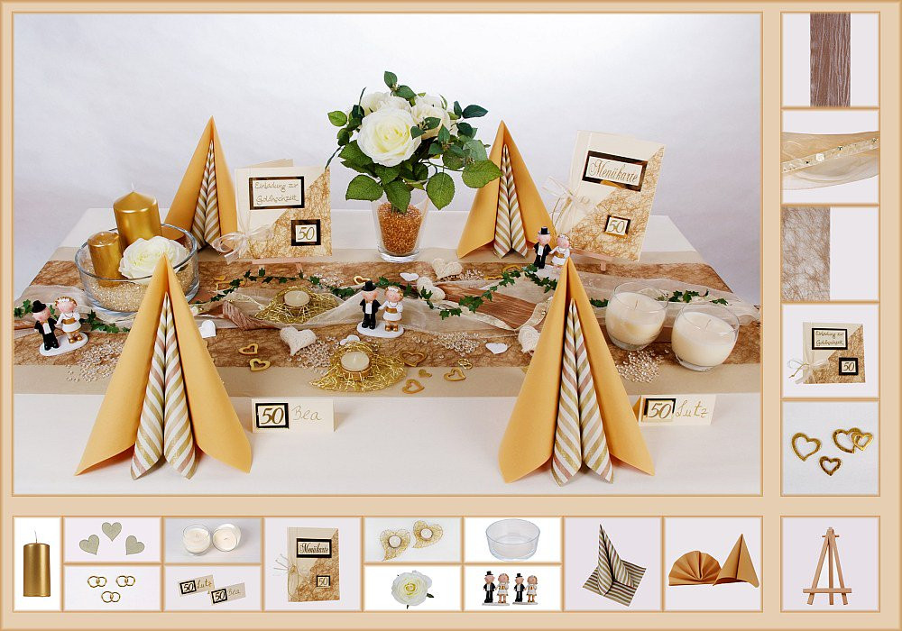 Goldene Hochzeit Tischdeko
 Tischdeko Goldene Hochzeit 4 in Dune als Mustertisch