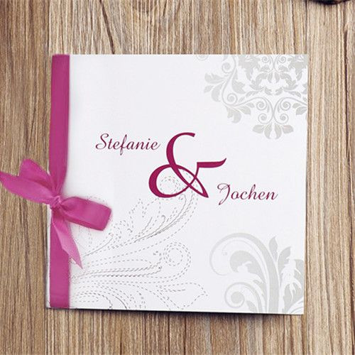 Günstige Einladungskarten Hochzeit
 klassische grau Muster und rosa Schleife Hochzeitskarten