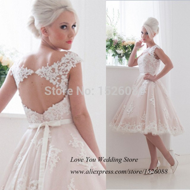 Günstige Hochzeit
 Günstige Vintage Rosa Hochzeit Kleid Kurze Spitze Braut