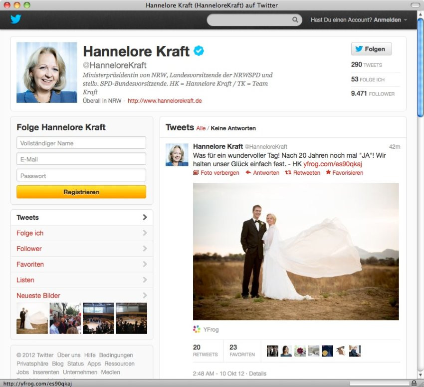 Hannelore Kraft Hochzeit
 Hannelore Kraft heiratet Hochzeitsfoto auf Twitter und