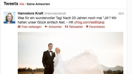 Hannelore Kraft Hochzeit
 Hannelore Kraft heiratet Hochzeitsfoto auf Twitter und