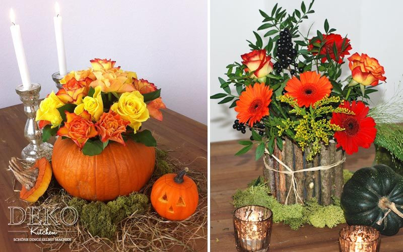 Herbstdeko Tisch
 DIY Herbstdeko für den Tisch mit Vasen aus Kürbis und Holz