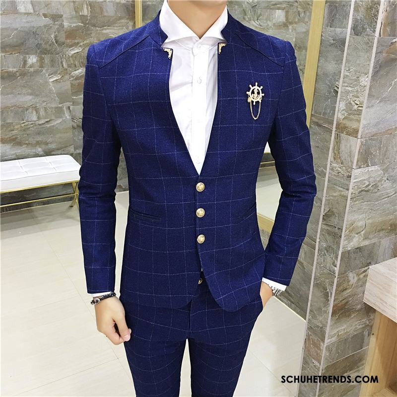 Herren Anzug Blau Hochzeit
 Herren Anzug Hochzeit Kariert Männer Blau Stehkragen Slim