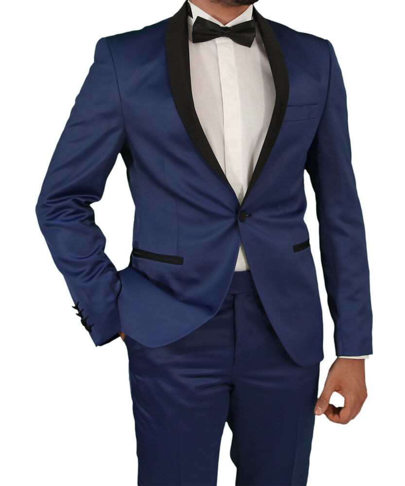 Herren Anzug Blau Hochzeit
 Herren Smoking in Blau Satin Regular Slim Herrenanzug