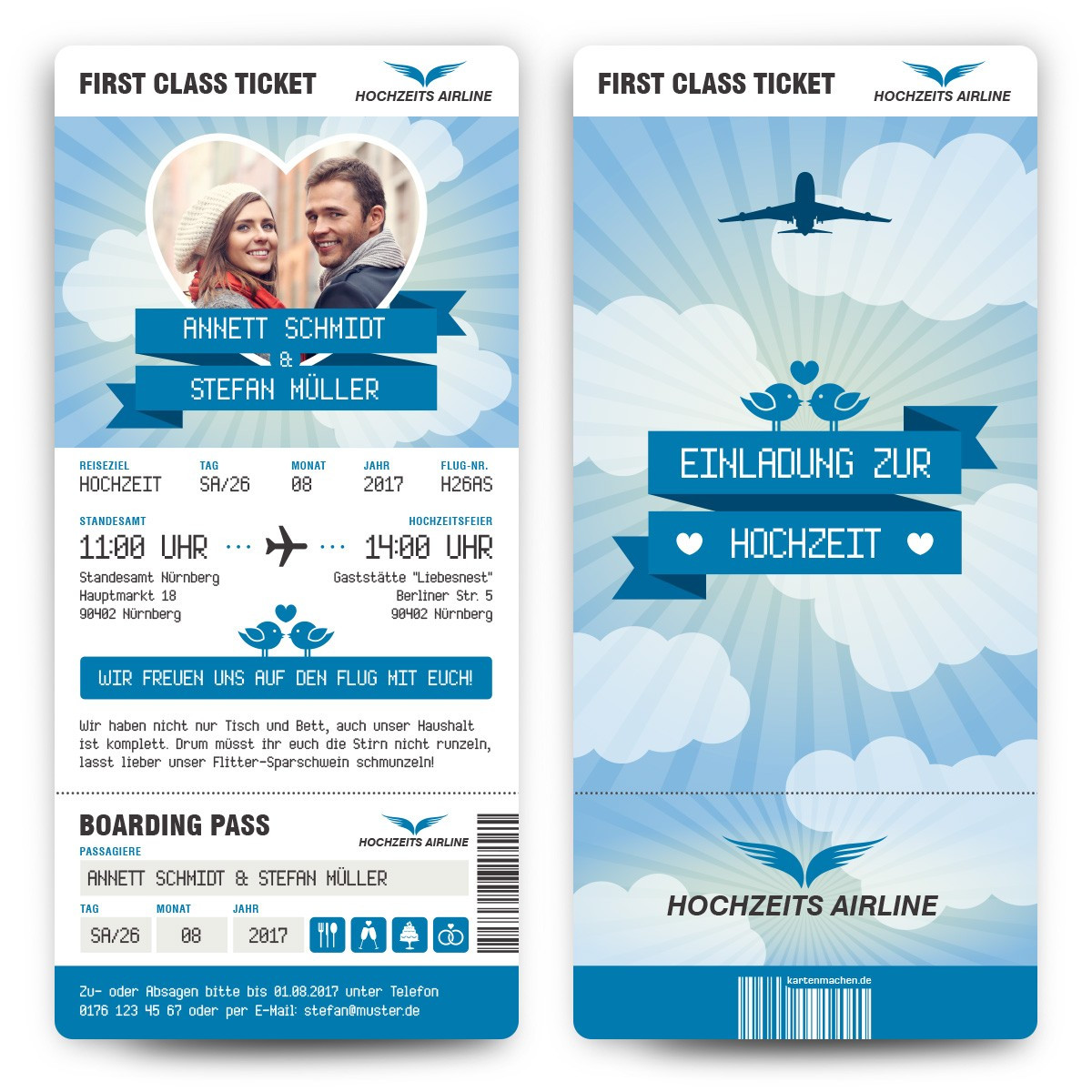 Hochzeit Einladungen
 Hochzeit Einladungen First Class Flugticket in Blau