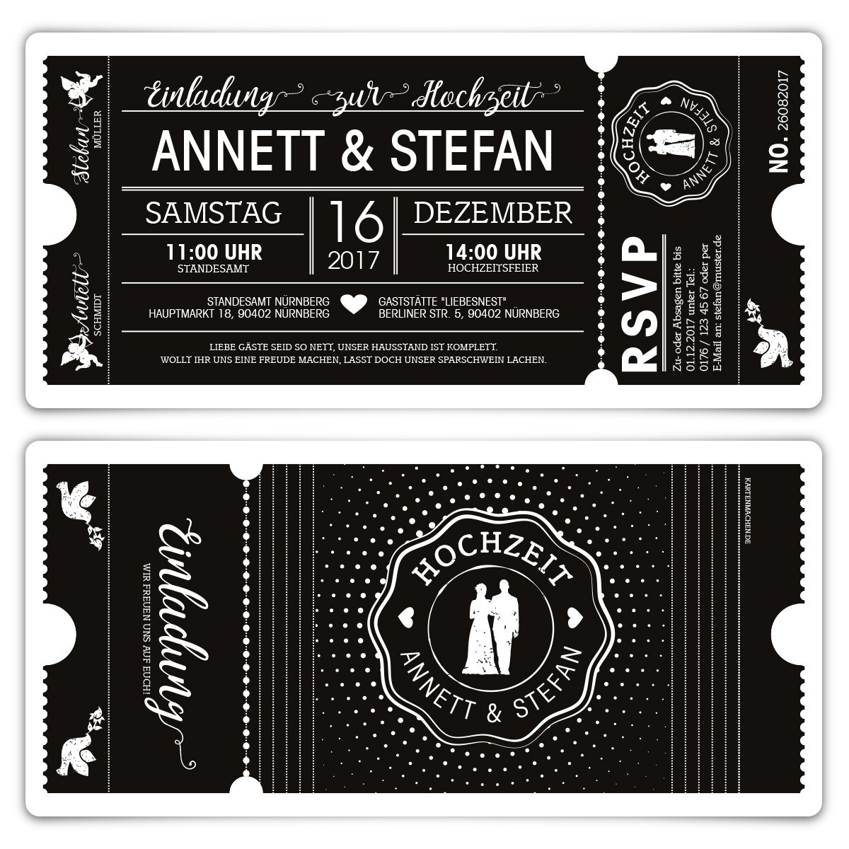 Hochzeit Einladungen
 Hochzeit Einladungen Schwarz Weiß Ticket schwarze Version
