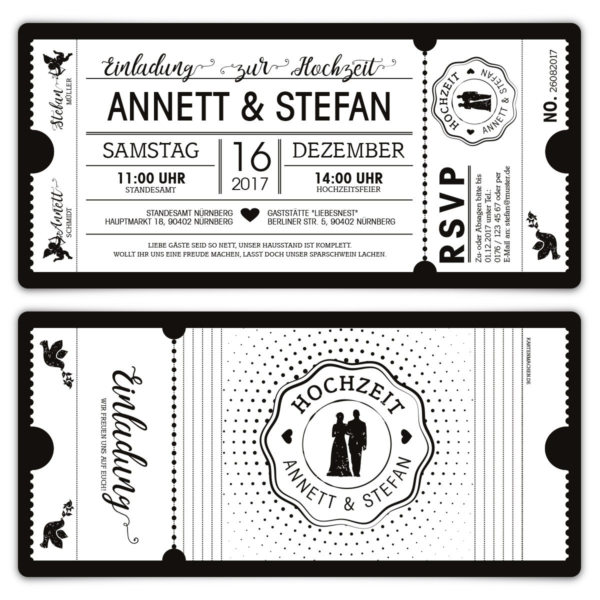 Hochzeit Einladungen
 Hochzeit Einladungen Schwarz Weiß Ticket weiße Version