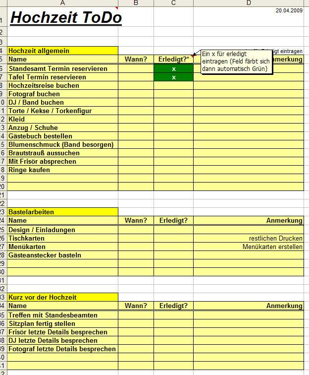 Hochzeit Liste
 aha Excel Hochzeitsplaner Download
