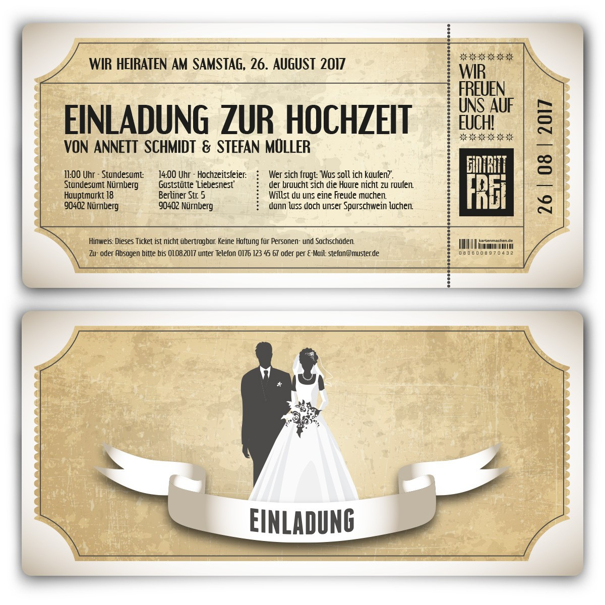 Hochzeitskarten
 Einladungskarten zur Hochzeit als Vintage Ticket in Weiß